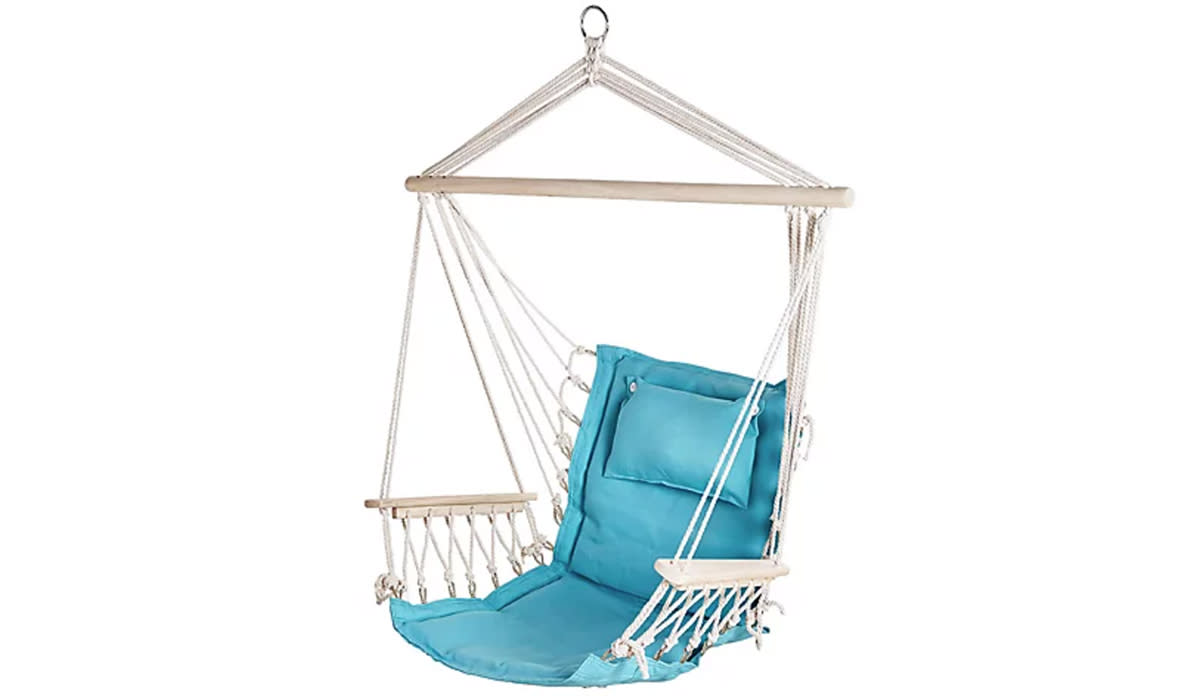 Blue and white hanging hammock chair