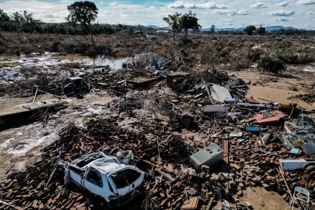 Aerial view of Cruzeiro do Sul following the devastating floods that hit the region, in Rio Grande do Sul, Brazil, on May 14, 2024. Rivers in south Brazil rose anew on the eve, as flood rescue efforts intensified. Up to now, heavy rains, flooding and mudslides that have ravaged the southern Rio Grande do Sul state for about two weeks have left 147 people killed, about 600,000 people displaced, more than 800 injured and 127 people reported missing. (NELSON ALMEIDA/AFP via Getty Images)