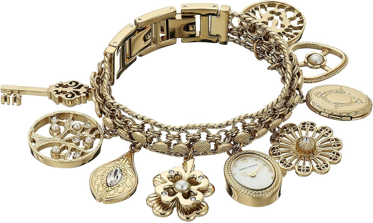 Anne Klein Women's 10-8096CHRM Swarovski Crystal Accented Gold-Tone Charm Bracelet Watch