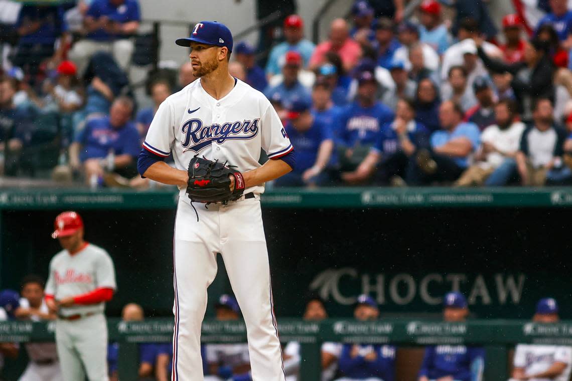 Rangers pitcher Jacob deGrom did not make it out of the fourth inning as he struggled but the Rangers beat the Phillies, 11-7, on Opening Day in Arlington.