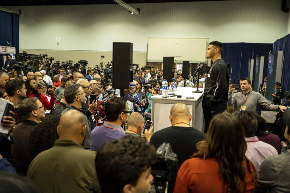 Tua Tagovailoa talks to the media at the NFL Scouting Combine on Tuesday, Feb. 25, 2020 in Indianapolis. (Detroit Lions via AP)