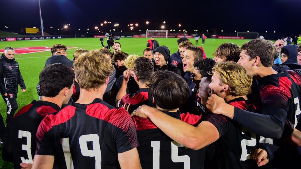 The Rutgers men's soccer team celebrates its Big Ten Tournament semifinal win over Ohio State