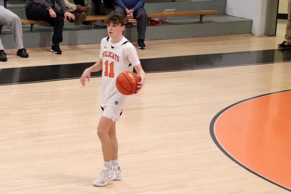 Gardner's Cam Gamache, who led the Wildcats with 22 points, looks to set up the Wildcats' offense during a 69-60 win over Bromfield on Friday, Dec. 15, 2023.