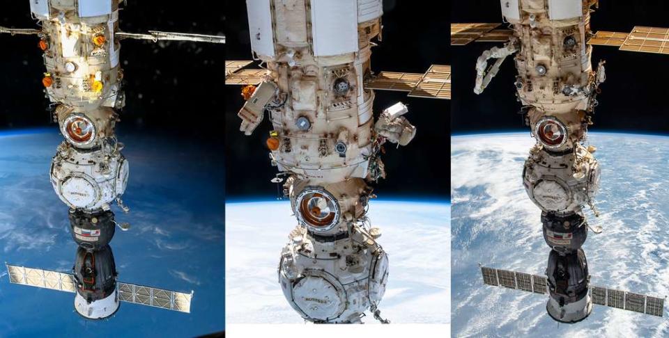 Ces trois images r&#xe9;sument le &#xab; premier pas &#xbb; d&#39;ERA autour du segment russe de l&#39;ISS. L&#39;image de gauche montre une partie du module Nauka, Prichal et ses ports d&#39;amarrage et le v&#xe9;hicule Soyouz MS-21. L&#39;image du milieu montre les deux cosmonautes russes qui d&#xe9;ballent le bras (&#xe0; droite) et pr&#xe9;parent un des points d&#39;accroche (&#xe0; gauche). Sur l&#39;image de droite, on peut voir le bras partiellement d&#xe9;ploy&#xe9;. &#xa9; Nasa