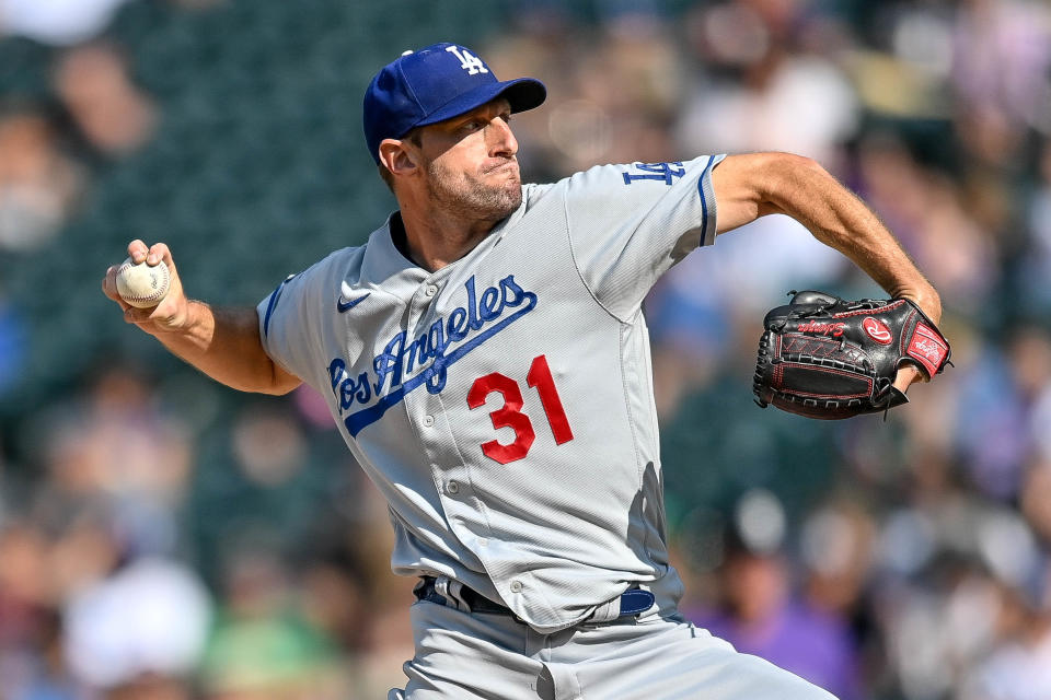 DENVER, CO - SEPTEMBER 23:  Los Angeles Dodgers starting pitcher Max Scherzer (31) pitches during a game between the Colorado Rockies and the Los Angeles Dodgers at Coors Field in Denver, Colorado on September 23, 2021. (Photo by Dustin Bradford/Icon Sportswire via Getty Images)