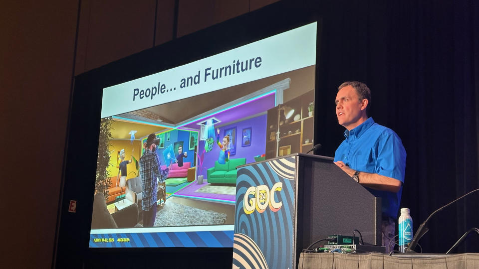 Jesse Schell, CEO at Schell Games, at a podium for his GDC panel, 