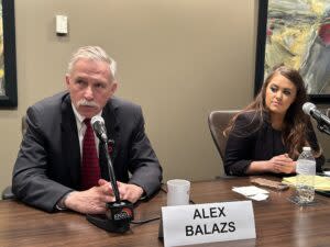  Republican U.S. House candidate Alex Balazs answers a question during a debate May 24, 2024, at KFGO in Fargo as candidate Cara Mund listens. (Amy Dalrymple/North Dakota Monitor)