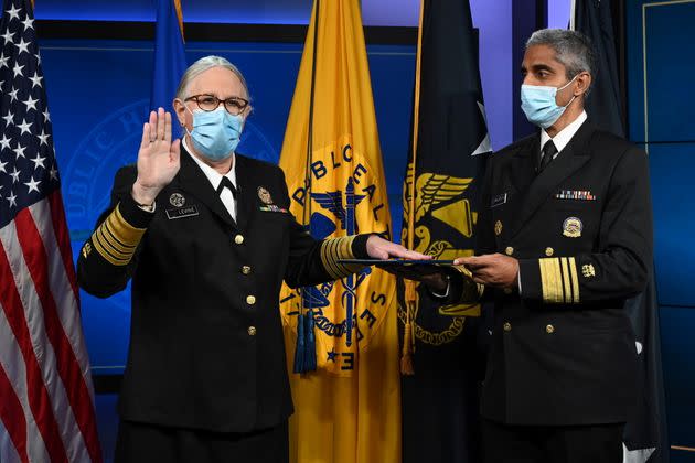 Dr. Rachel Levine, the highest-ranking openly transgender official in the United States, was sworn in as Assistant Secretary for Health and a four-star admiral in the U.S. Public Health Service Commissioned Corps with assistance from Surgeon General Vivek Murthy on Tuesday. (Photo: Handout via Reuters)