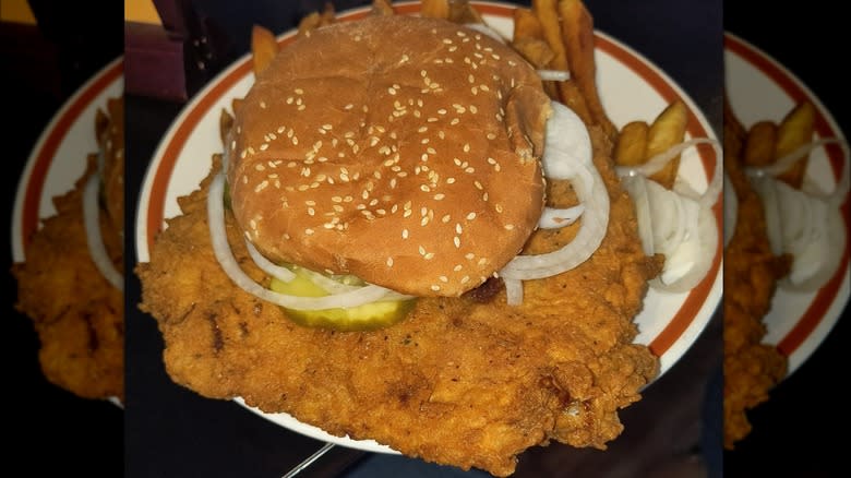 Pork tenderloin sandwich on plate