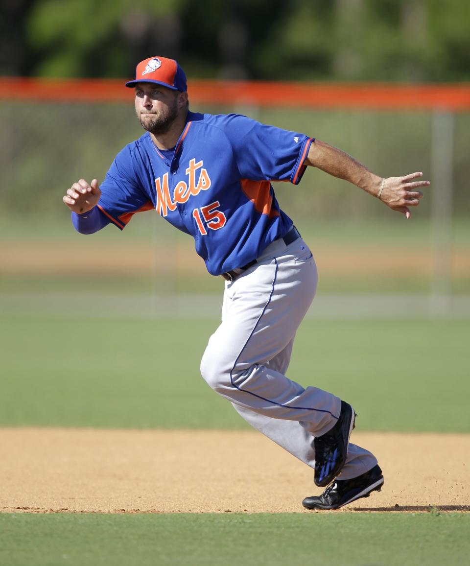 <p>Tim Tebow runs the base during practice before his first instructional league baseball game for the New York Mets against the St. Louis Cardinals instructional club Wednesday, Sept. 28, 2016, in Port St. Lucie, Fla. (AP Photo/Luis M. Alvarez) </p>