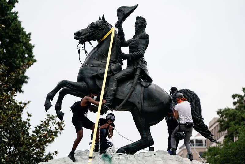 Protestors try to pull down statue of U.S. President Andrew Jackson in front of the White House in Washington