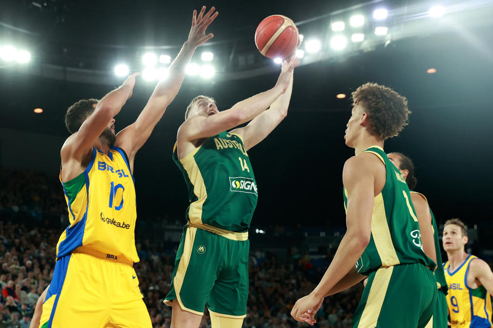 MELBOURNE, AUSTRALIA – AUGUST 16: Jack White of Australia shoots during the match between the Australia Boomers and Brazil at Rod Laver Arena on August 16, 2023 in Melbourne, Australia. (Photo by Kelly Defina/Getty Images)