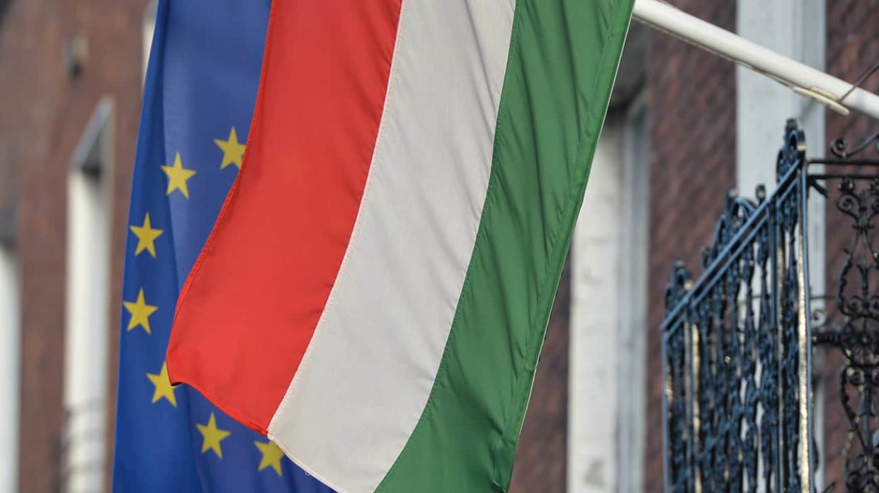 EU's and Hungary's flags. Photo: Getty Images