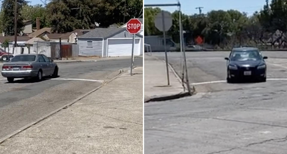 Cars at a stop sign in Vallejo, California.