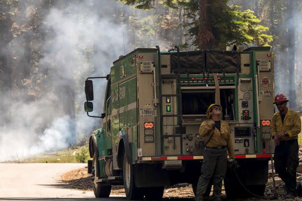 PHOTO: Firefighters monitor the Washburn Fire in Mariposa Grove in Yosemite National Park, California, July 12, 2022. (Nic Coury/AFP via Getty Images)