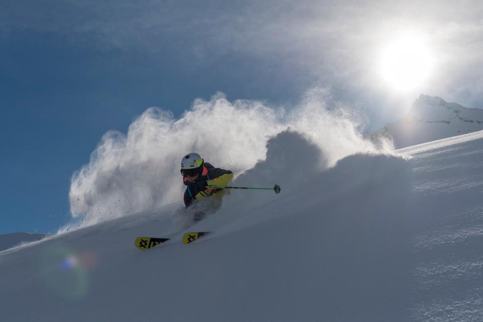 Ski athlete Jim Ryan plows through snow in "ALL TIME," the 74th annual Warren Miller film that will come Nov. 16 to the Riviera Theatre in Three Rivers, Mich. PROVIDED/COURT LEVE, WARREN MILLER ENTERTAINMENT