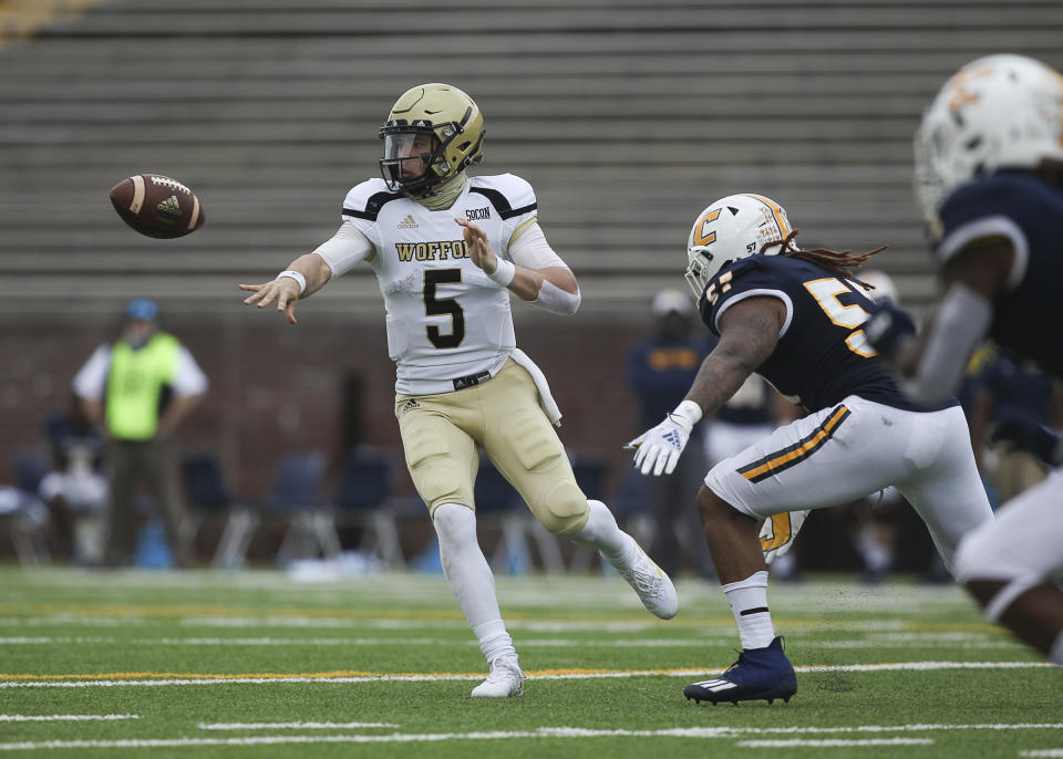 Wofford Terriers quarterback Jimmy Weirick (5) pitches the football during the football game between UTC and the Wofford Terriers at Finley Stadium on Saturday, Feb. 27, 2021 in Chattanooga, Tenn.(Troy Stolt/Chattanooga Times Free Press via AP)