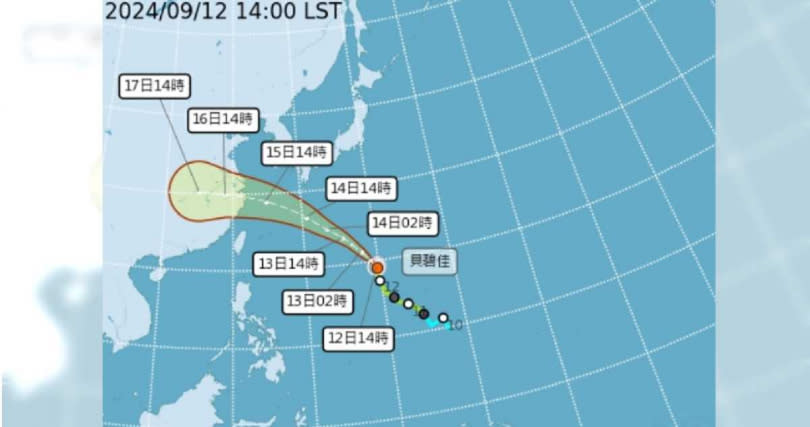 貝碧佳颱風預計明（13）日增強為中度颱風。（圖／氣象署提供）