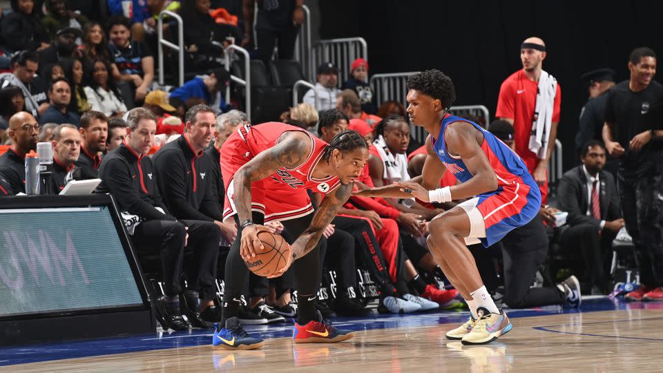 Ausar, shown here guarding Chicago Bulls star DeMar DeRozan, is already taking on some tough defensive assignments. - Chris Schwegler/NBAE/Getty Images