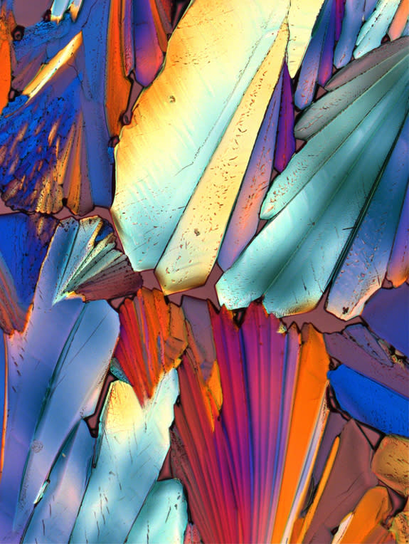 Aperol crystals nestle together like butterfly wings in a microscopic image by Italian geologist Bernardo Cesare.