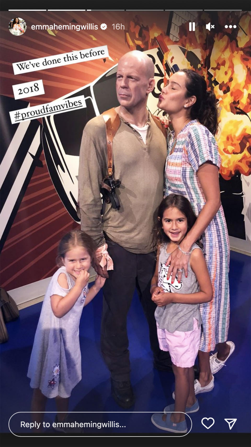 The family's previous trip to Willis' wax statue in 2018. (@emmahemingwillis via Instagram)