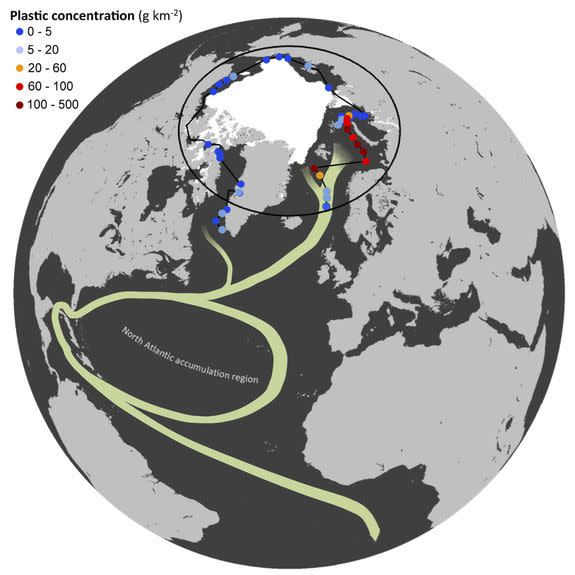 Locations and plastic concentrations of the sites sampled in 2013.