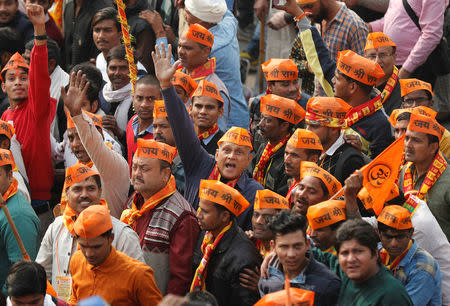 Supporters of the Vishva Hindu Parishad (VHP), a Hindu nationalist organisation, shout religious slogans during "Dharma Sabha" or a religious congregation organised by the VHP in New Delhi, India, December 9, 2018. REUTERS/Adnan Abidi