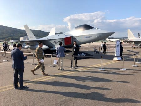 A full-scale mockup of South Korea’s KF-X fighter jet is displayed at the Seoul International Aerospace and Defense Exhibition in Seongnam