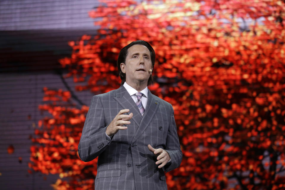 Alfonso Albaisa, senior vice president for Global Design for Nissan Motor Corp., speaks during Nissan's presentation of the media preview of the Tokyo Motor Show Wednesday, Oct. 23, 2019, in Tokyo. (AP Photo/Kiichiro Sato)