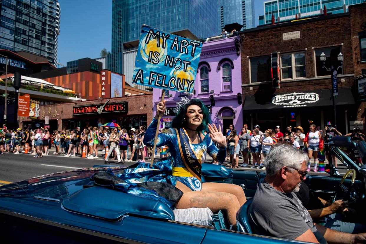 People make their way down Broadway in the 2023 Pride Parade in Nashville , Tenn., Saturday, June 24, 2023.