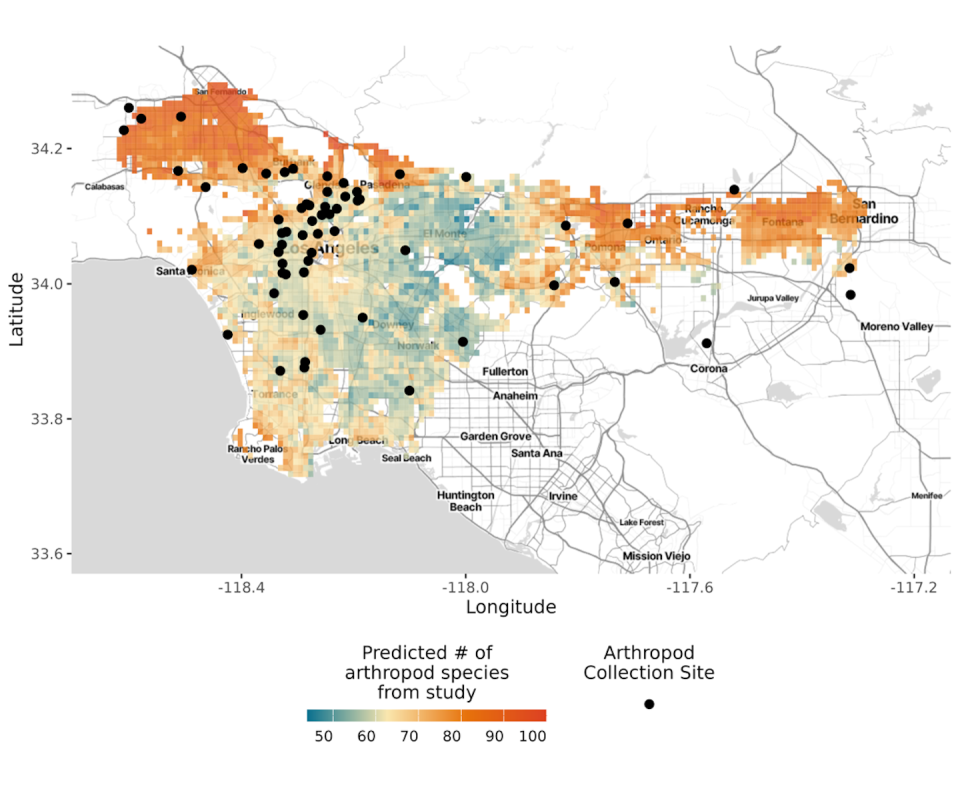 Large map of the Los Angeles basin showing dark orange along the edge of the mountains in the north, blue in the middle, and light orange near the coast.