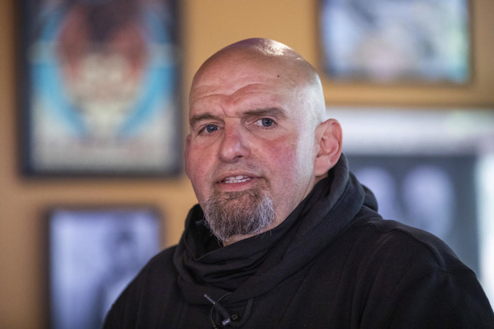 John Fetterman speaks to supporters at the Holy Hound Tap Room in downtown York, Pa., on Thursday, May. 12, 2022, while campaigning for U.S. Senate seat. (Mark Pynes/The Patriot-News via AP)