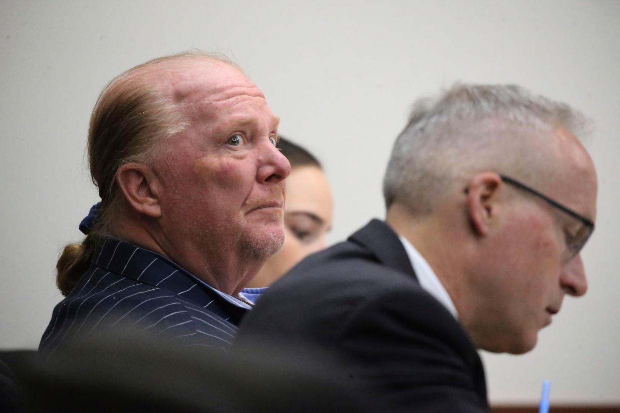 Celebrity chef Mario Batali is seated at Boston Municipal Court on the second day of his sexual misconduct trial on Tuesday, May 10, 2022 in Boston.