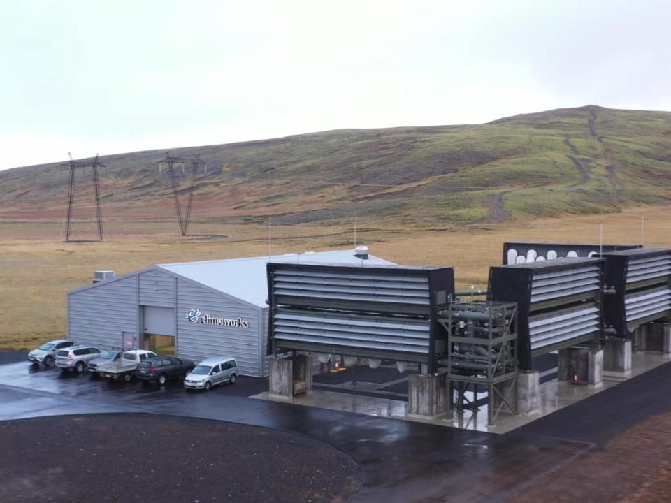 A direct air capture facility, called Orca, sits on a volcanic plain outside the city of  Reykjavik, Iceland. (Jean-François Bisson/CBC - image credit)