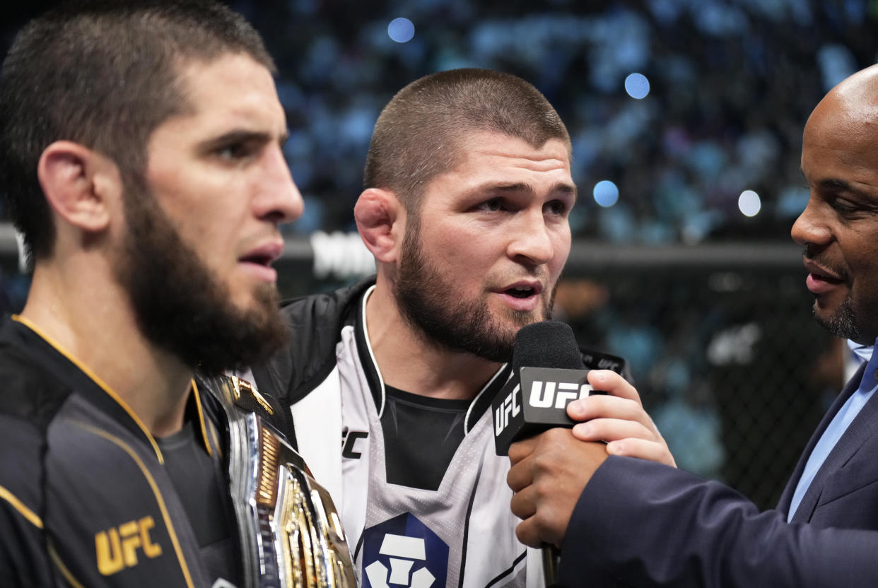 ABU DHABI, UNITED ARAB EMIRATES - OCTOBER 22: Khabib Nurmagomedov reacts after his teammate Islam Makhachev of Russia wins the UFC lightweight championship fight during the UFC 280 event at Etihad Arena on October 22, 2022 in Abu Dhabi, United Arab Emirates. (Photo by Chris Unger/Zuffa LLC)