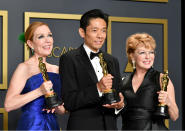 Hairstylist Anne Morgan, special make-up effects artist Kazu Hiro, and makeup artist Vivian Baker, winners of the Makeup and Hairstyling award for “Bombshell,” pose in the press room during the 92nd Annual Academy Awards at Hollywood and Highland on February 09, 2020 in Hollywood, California. (Photo by Amy Sussman/Getty Images)