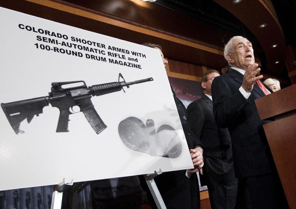 Sen. Frank Lautenberg, D-N.J. gestures during a news conference on Capitol Hill in Washington, Tuesday, July 24, 2012, to criticize the sale of high-capacity magazines for assault rifles that are sold to the public. A previous federal ban on high-capacity ammunition magazines was allowed to lapse in 2004. (AP Photo/J. Scott Applewhite)