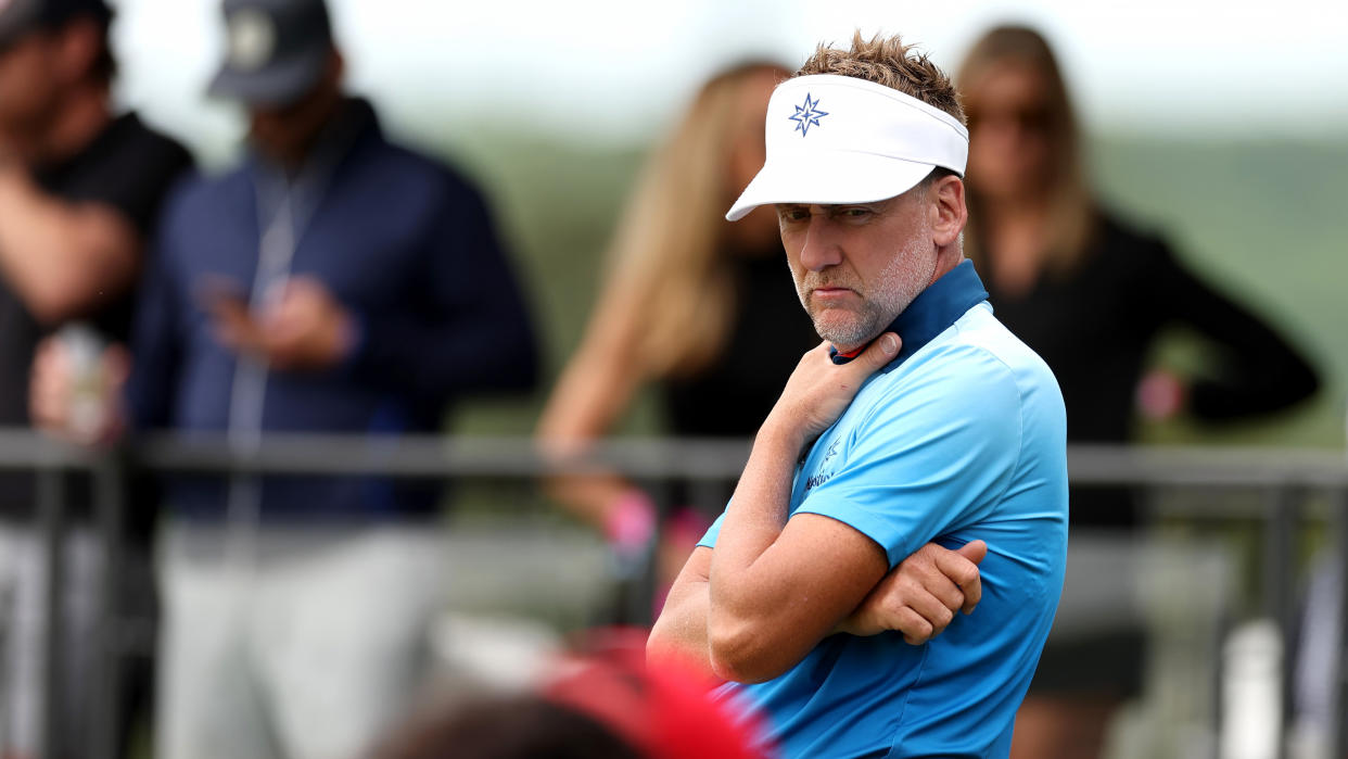   Ian Poulter of Majesticks GC waits to putt on the 18th green during day three of the LIV Golf Invitational - DC at Trump National Golf Club 