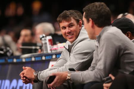 Feb 4, 2019; Brooklyn, NY, USA; Professional golfer Brooks Koepka sits courtside during the second quarter between the Brooklyn Nets and the Milwaukee Bucks at Barclays Center. Mandatory Credit: Brad Penner-USA TODAY Sports