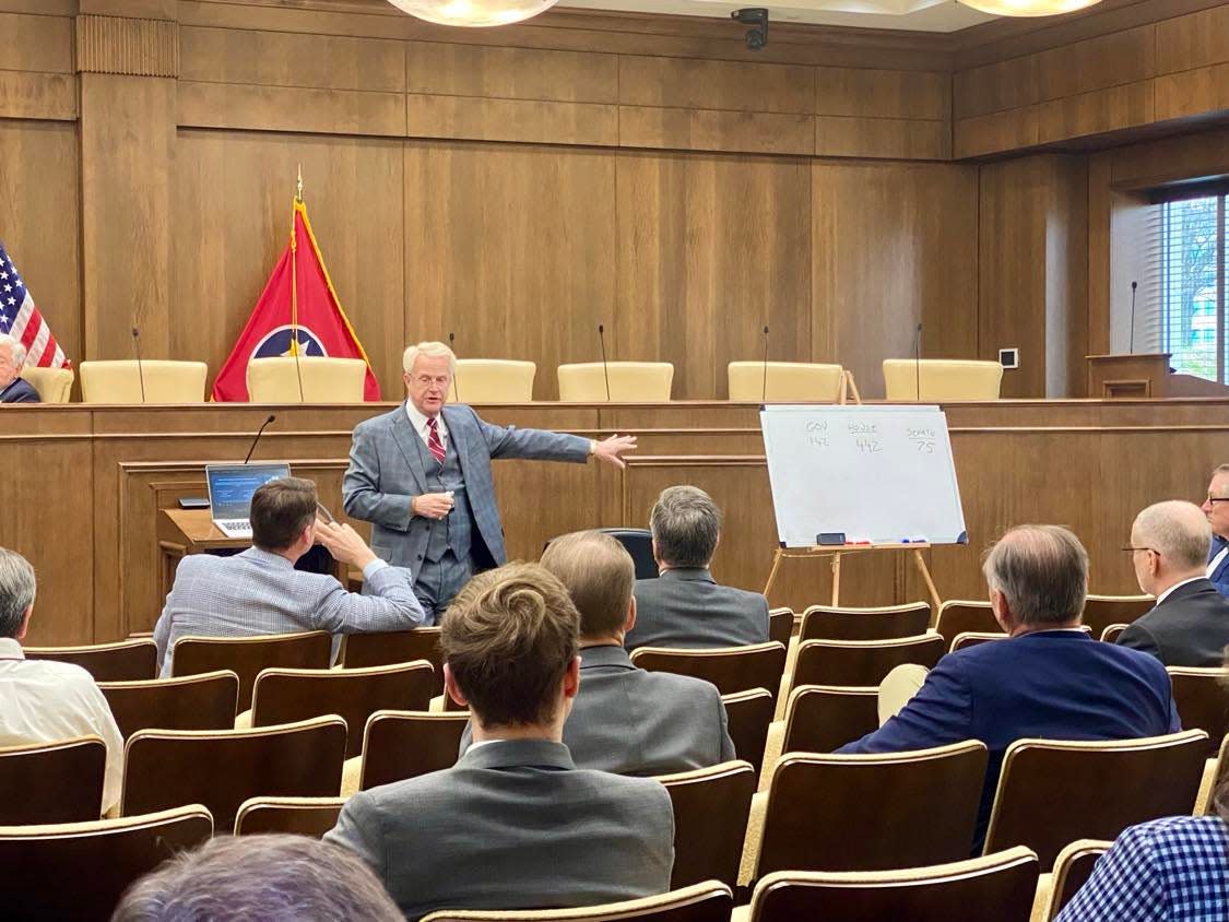 Senate Education Committee Chairman Jon Lundberg, R-Bristol, briefs members of the Senate Republican Caucus on details of the Senate version of Gov. Bill Lee's Education Freedom Scholarships legislation during a caucus meeting on March 26, 2024.