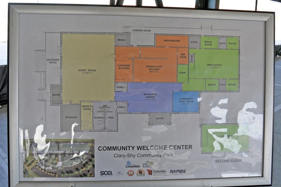 A display Tuesday shows the floor plan for the planned welcome center at Clary-Shy Park home to Columbia Agriculture Park and farmers market.