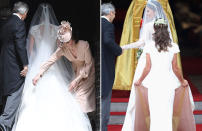 <p>Pippa, as Kate's maid of honor, held her train as she entered Westminster Abbey while Kate made sure to help fix her sister's veil and train as she arrived at her church in their hometown.</p>