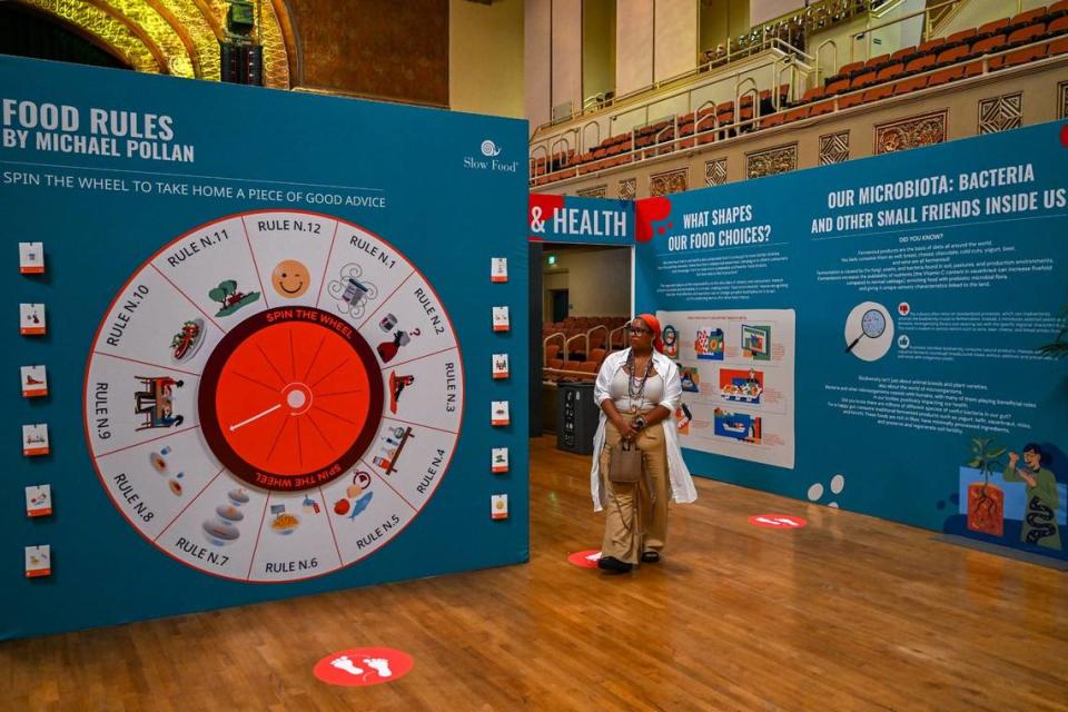 Liesha Barnett of Sacramento explores educational displays at the first Terra Madre Americas event sponsored by Slow Food at the Sacramento Memorial Auditorium on Friday.