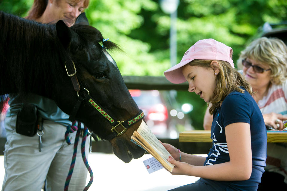 Paige Hughes, 12, of Pike Creek reads a book to Cutie as children gather at Carousel Park in Pike Creek for Books at the Barn. Kirkwood Library partners with Carousel Park for children to read to ponies. Books at the Barn is free and runs on Tuesdays from June 27 to July 25 at Carousel Park.