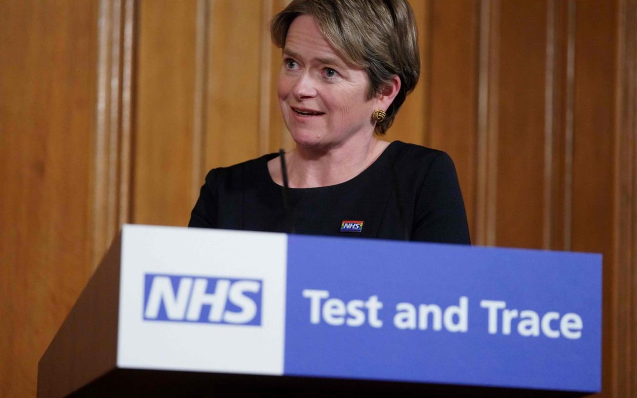 Baroness Dido Harding attending a remote press conference to update the nation on the novel coronavirus COVID-19 pandemic - AFP