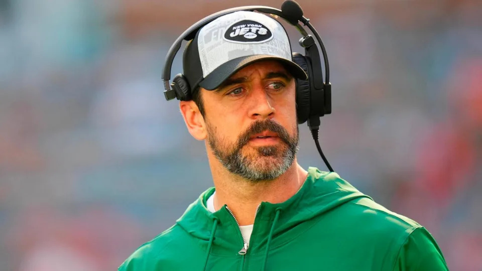 PHOTO: Aaron Rodgers of the New York Jets looks on during the first half against the Miami Dolphins at Hard Rock Stadium on Dec. 17, 2023, in Miami Gardens, Fla. (Rich Storry/Getty Images, FILE)