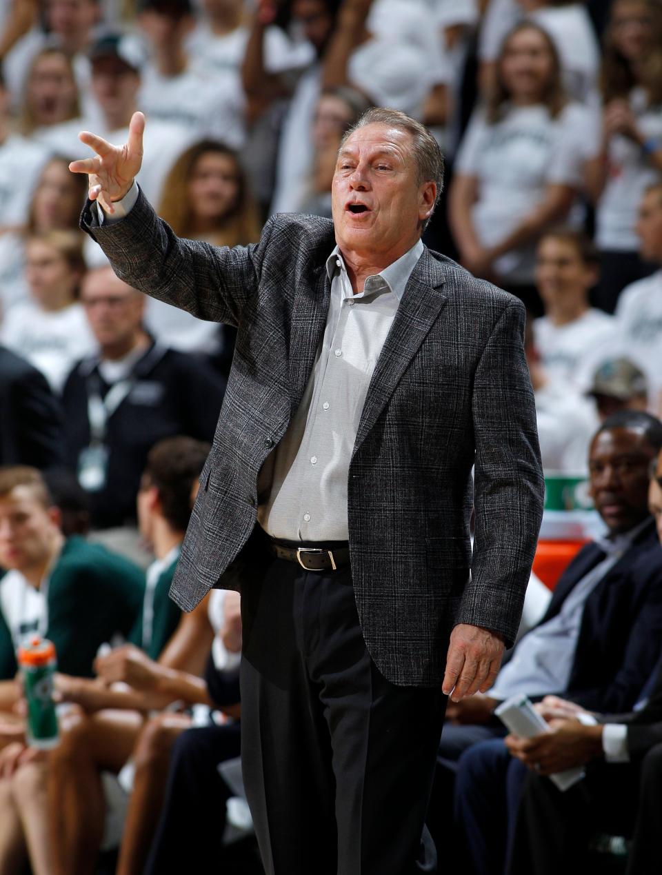 Michigan State coach Tom Izzo gives instructions against Northern Michigan, Tuesday, Oct. 30, 2018, in East Lansing, Mich.