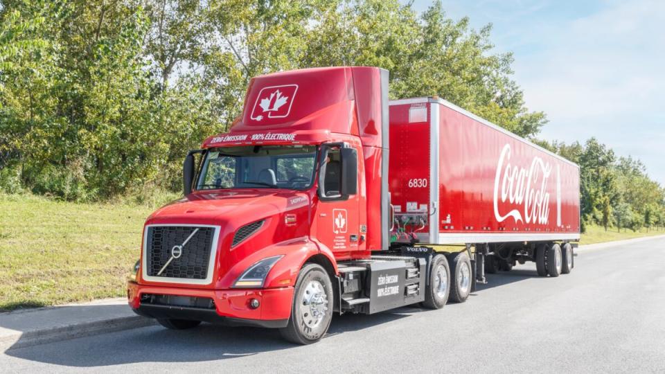 What runs on electricity and is red all over? The first Volvo VNR Electric truck that Coke Canada Bottling will use for customer deliveries around Montreal. (Image: Volvo Trucks North America)