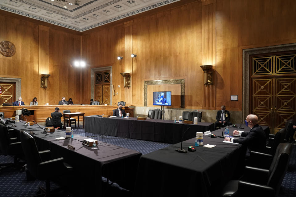 Homeland Security Secretary nominee Alejandro Mayorkas testifies during his confirmation hearing in the Senate Homeland Security and Governmental Affairs Committee on Tuesday, Jan. 19, 2021, on Capitol Hill in Washington. (Joshua Roberts/Pool via AP)