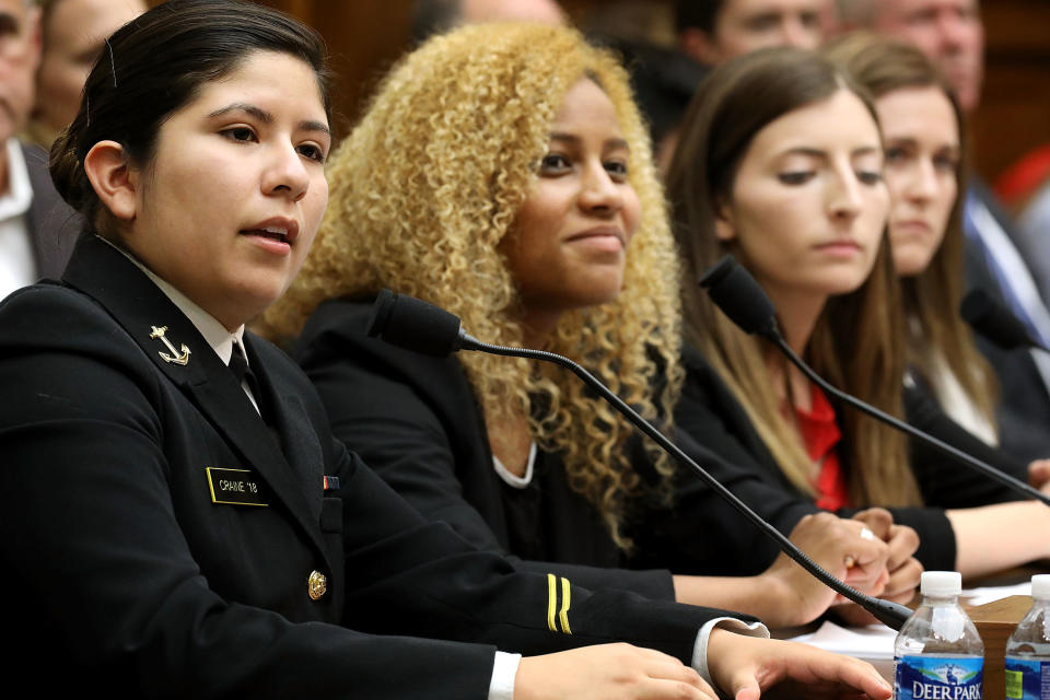 United States Naval Academy Midshipman 2nd&nbsp;Class Shiela Craine (left), a sexual assault survivor, testifies before the House Armed Services Committee's Subcommittee on Military Personnel with (2nd from left to right) Ariana Bullard, Stephanie Gross and Annie Kendzior in the Rayburn House Office Building on Capitol Hill on May 2, 2017. Kendzior, a former midshipman, and Gross, a former cadet, were both raped twice during their time at the military academies. The academy superintendents were called to testify following the release of a survey last month by the Pentagon that said 12.2 percent of academy women and 1.7 percent of academy men reported experiencing unwanted sexual contact during the 2015-16 academic year.